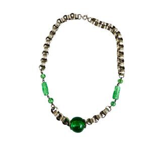 Vintage Green Beaded Necklace With Metal Chain & Large Centerpiece Bead